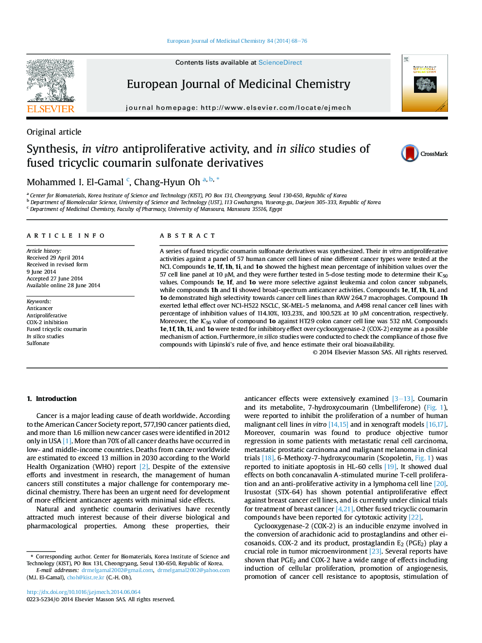 Synthesis, in vitro antiproliferative activity, and in silico studies of fused tricyclic coumarin sulfonate derivatives