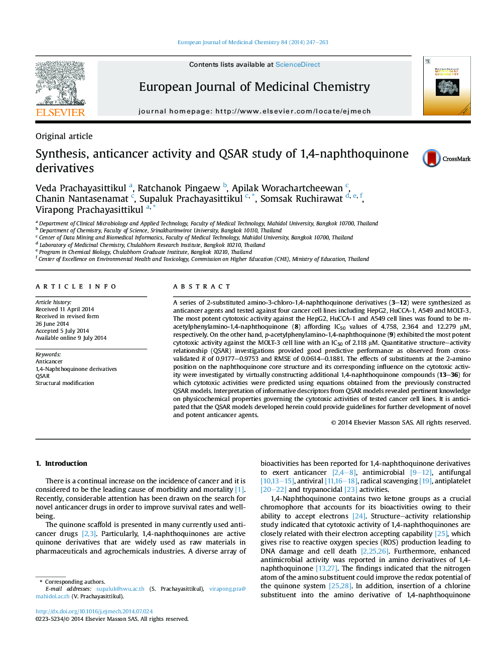 Synthesis, anticancer activity and QSAR study of 1,4-naphthoquinone derivatives