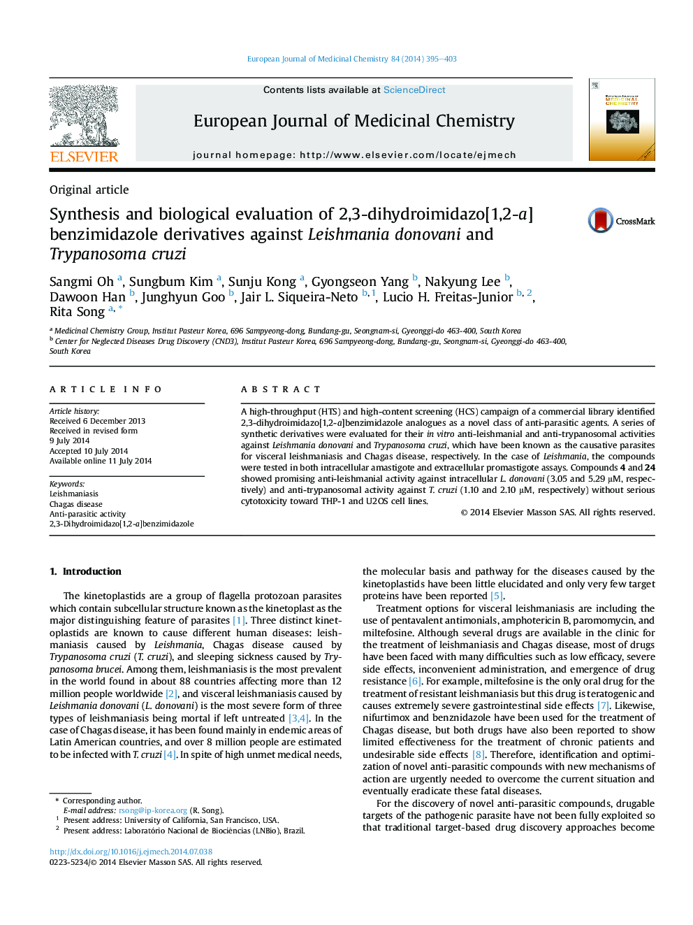 Synthesis and biological evaluation of 2,3-dihydroimidazo[1,2-a]benzimidazole derivatives against Leishmania donovani and Trypanosoma cruzi