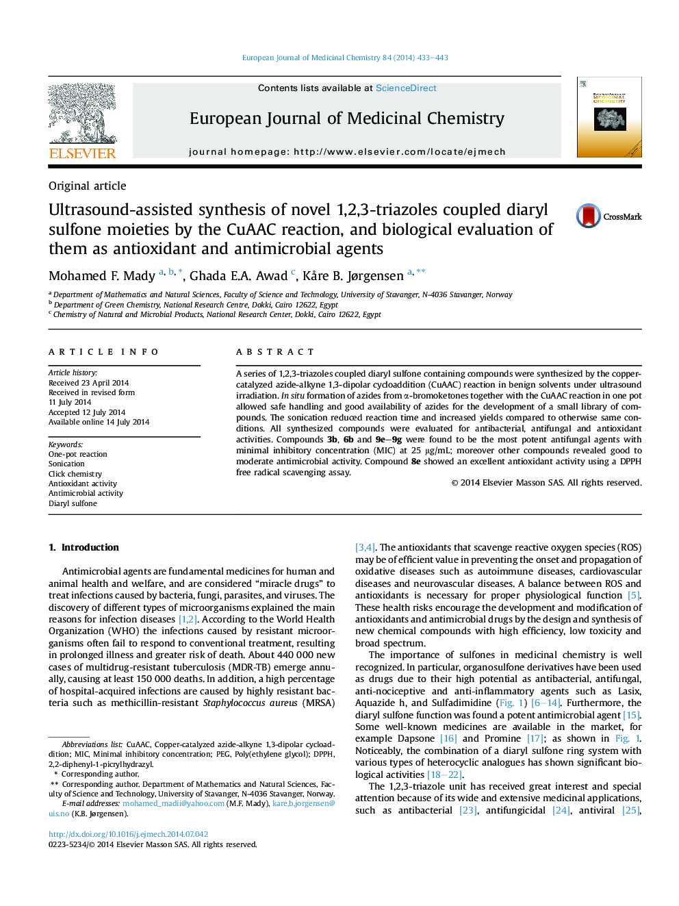 Ultrasound-assisted synthesis of novel 1,2,3-triazoles coupled diaryl sulfone moieties by the CuAAC reaction, and biological evaluation of them as antioxidant and antimicrobial agents