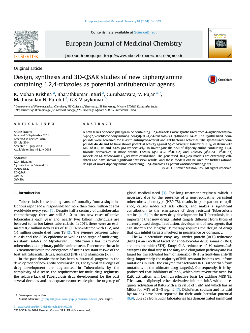 Design, synthesis and 3D-QSAR studies of new diphenylamine containing 1,2,4-triazoles as potential antitubercular agents