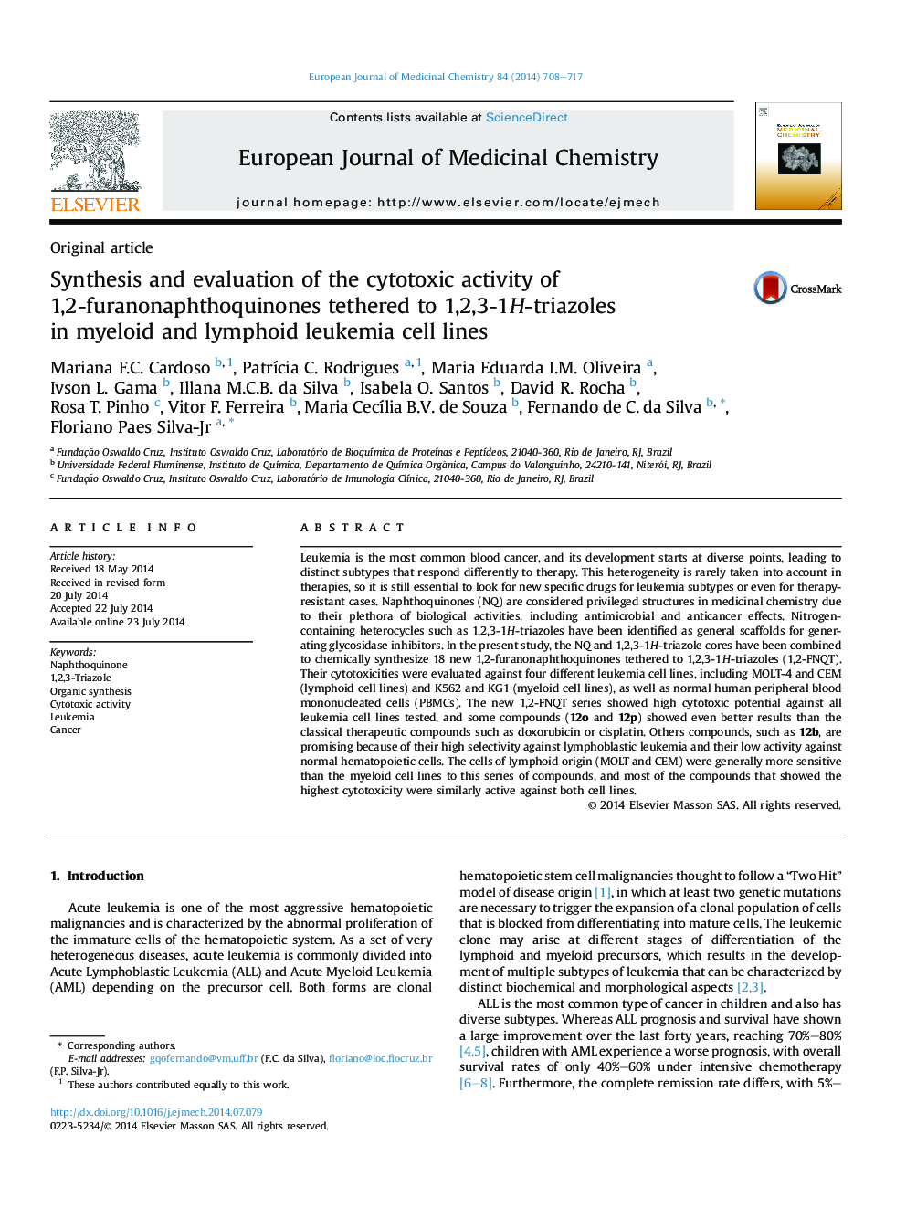 Synthesis and evaluation of the cytotoxic activity of 1,2-furanonaphthoquinones tethered to 1,2,3-1H-triazoles in myeloid and lymphoid leukemia cell lines