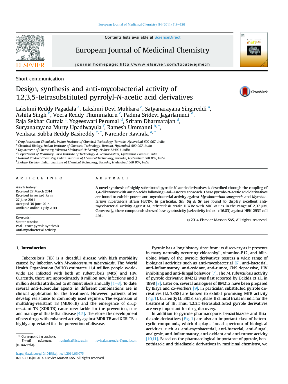 عکس صفحه اول مقاله: Design, synthesis and anti-mycobacterial activity of 1,2,3,5-tetrasubstituted pyrrolyl-N-acetic acid derivatives Design, synthesis and anti-mycobacterial activity of 1,2,3,5-tetrasubstituted pyrrolyl-N-acetic acid derivatives