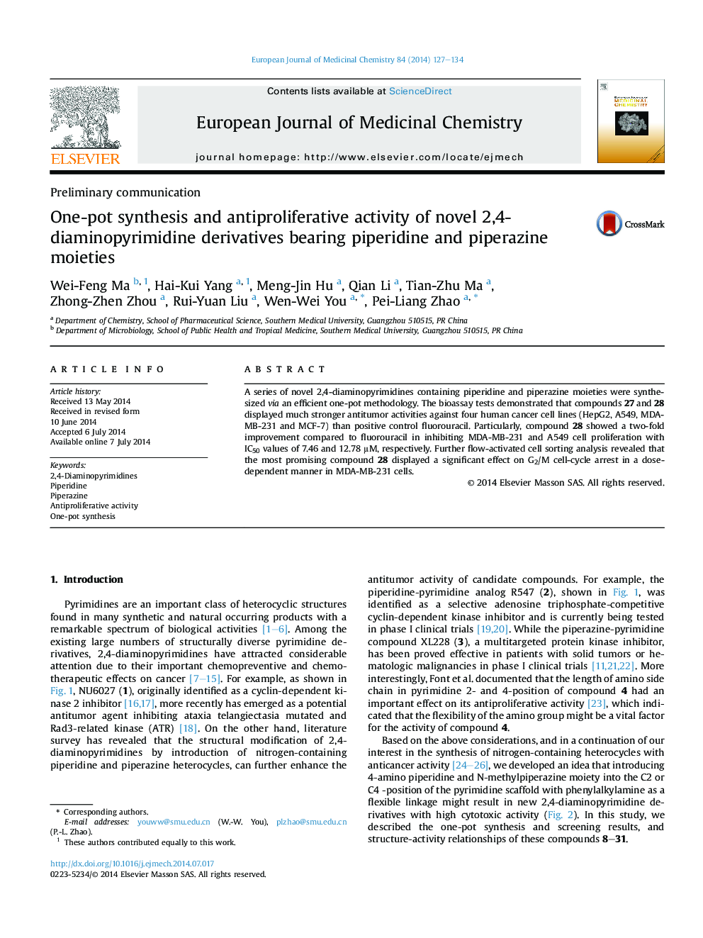 One-pot synthesis and antiproliferative activity of novel 2,4-diaminopyrimidine derivatives bearing piperidine and piperazine moieties