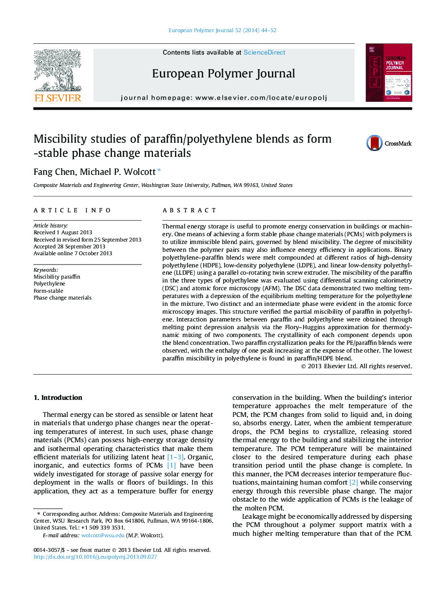 Miscibility studies of paraffin/polyethylene blends as form-stable phase change materials