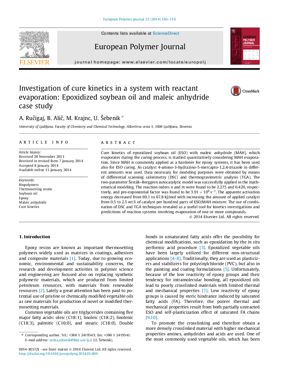 Investigation of cure kinetics in a system with reactant evaporation: Epoxidized soybean oil and maleic anhydride case study