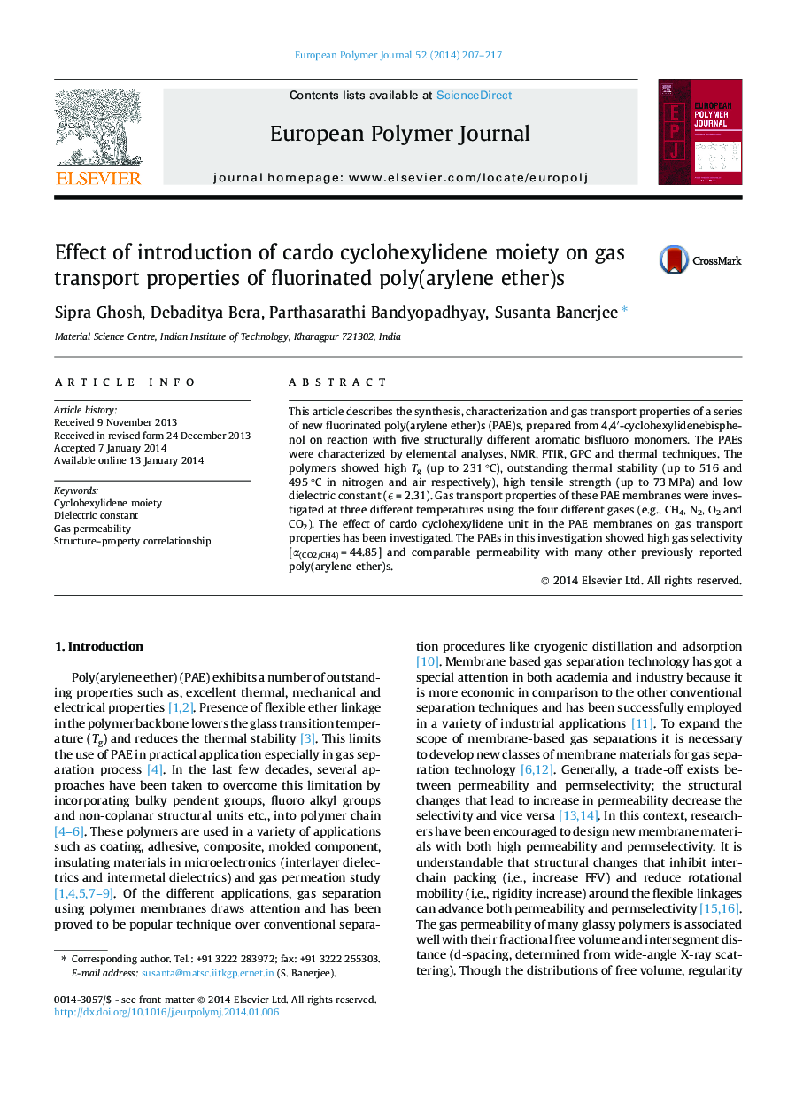 عکس صفحه اول مقاله: Effect of introduction of cardo cyclohexylidene moiety on gas transport properties of fluorinated poly(arylene ether)s Effect of introduction of cardo cyclohexylidene moiety on gas transport properties of fluorinated poly(arylene ether)s