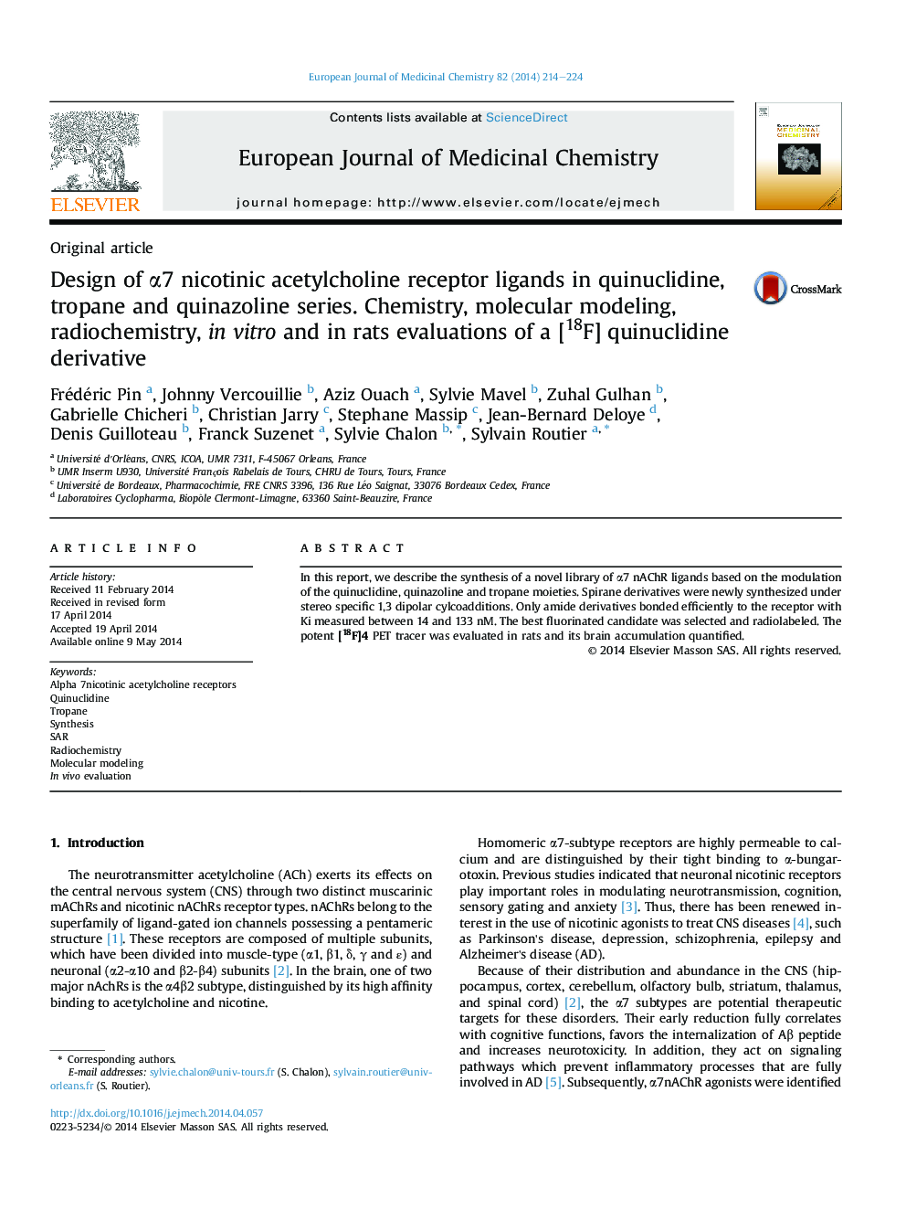 Design of α7 nicotinic acetylcholine receptor ligands in quinuclidine, tropane and quinazoline series. Chemistry, molecular modeling, radiochemistry, in vitro and in rats evaluations of a [18F] quinuclidine derivative