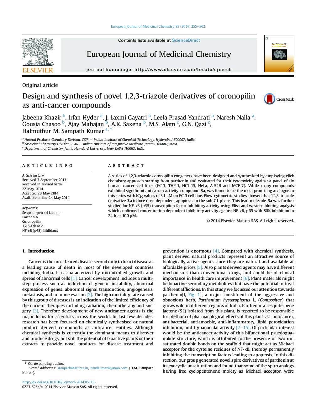 Design and synthesis of novel 1,2,3-triazole derivatives of coronopilin as anti-cancer compounds