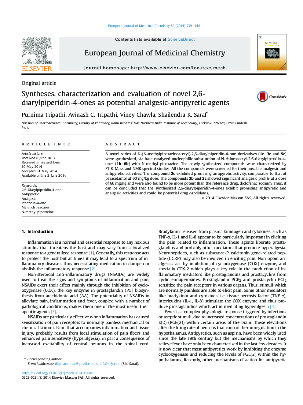 Syntheses, characterization and evaluation of novel 2,6-diarylpiperidin-4-ones as potential analgesic-antipyretic agents