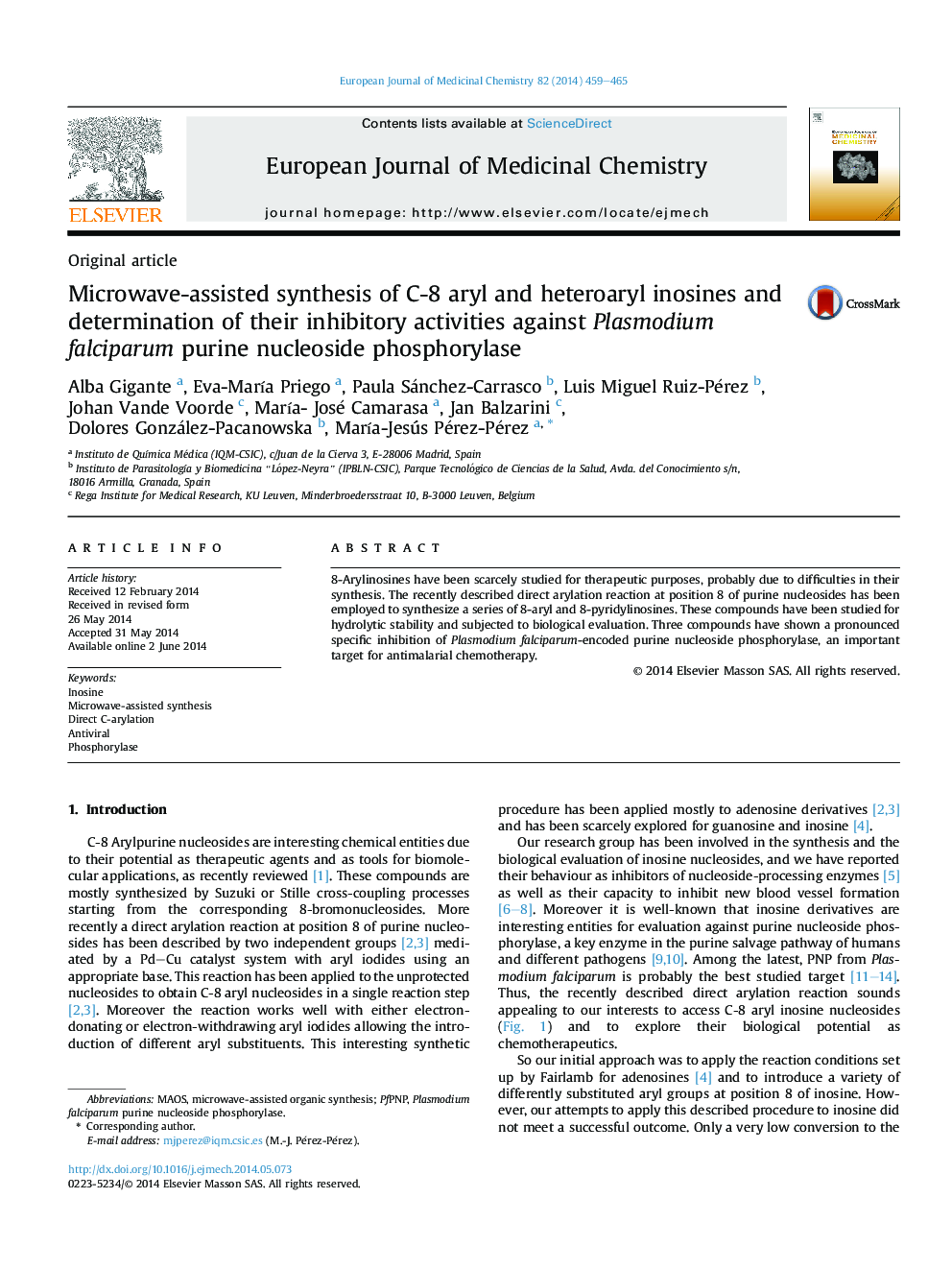 Microwave-assisted synthesis of C-8 aryl and heteroaryl inosines and determination of their inhibitory activities against Plasmodium falciparum purine nucleoside phosphorylase