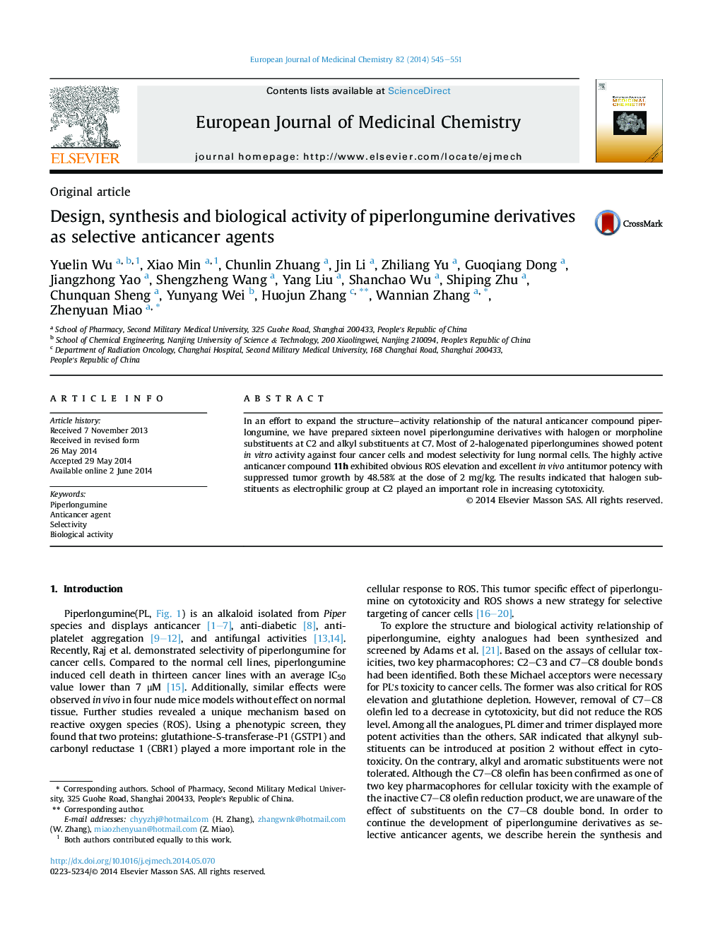 Design, synthesis and biological activity of piperlongumine derivatives as selective anticancer agents