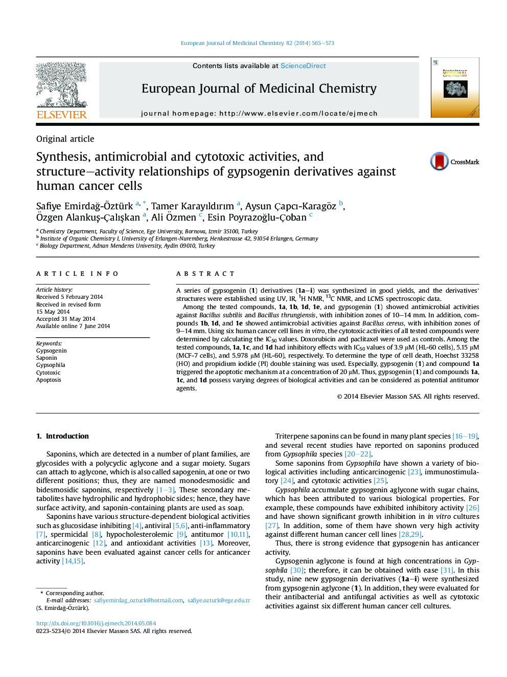 Synthesis, antimicrobial and cytotoxic activities, and structure–activity relationships of gypsogenin derivatives against human cancer cells