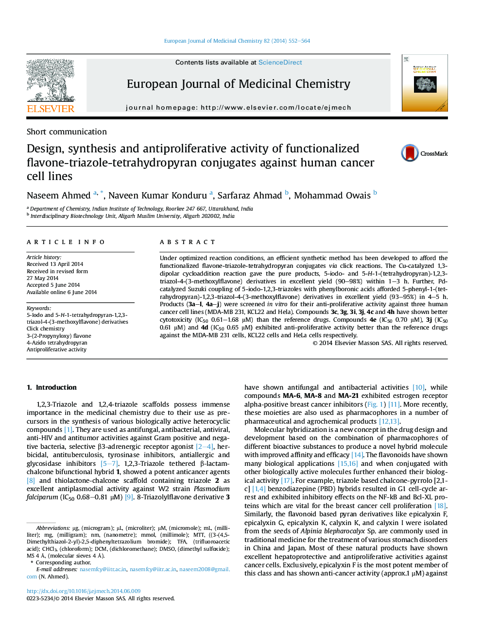 Design, synthesis and antiproliferative activity of functionalized flavone-triazole-tetrahydropyran conjugates against human cancer cell lines