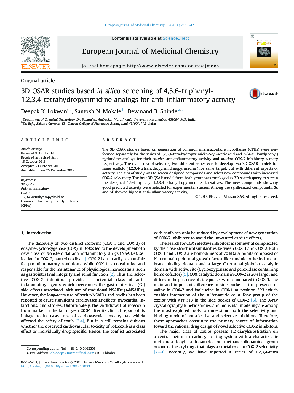 3D QSAR studies based in silico screening of 4,5,6-triphenyl-1,2,3,4-tetrahydropyrimidine analogs for anti-inflammatory activity