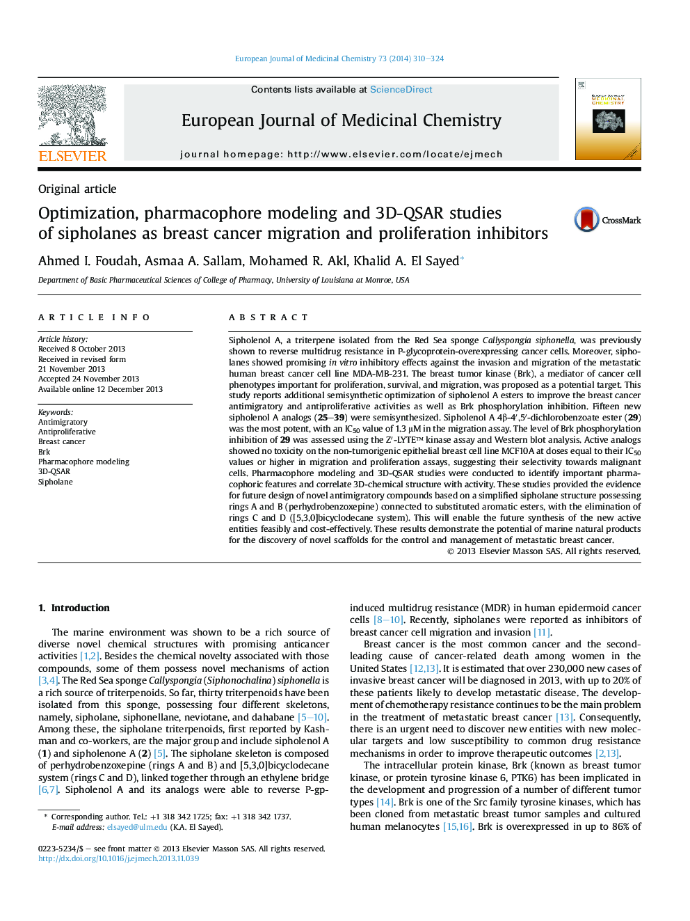 Optimization, pharmacophore modeling and 3D-QSAR studies of sipholanes as breast cancer migration and proliferation inhibitors
