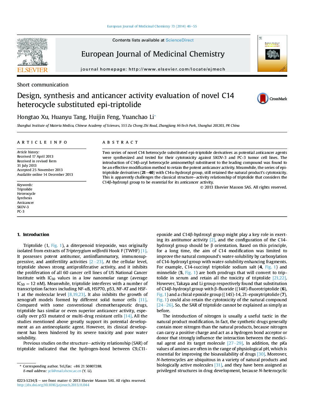 Design, synthesis and anticancer activity evaluation of novel C14 heterocycle substituted epi-triptolide