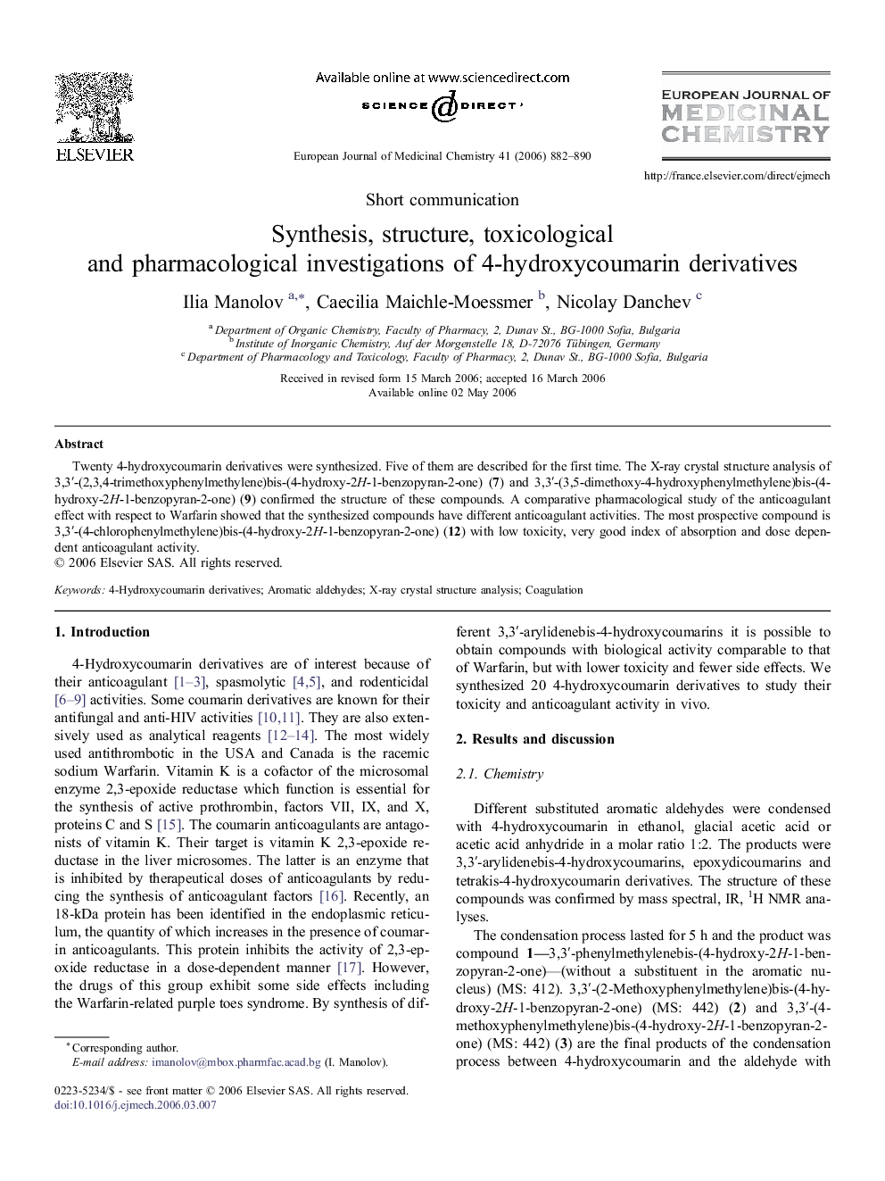 Synthesis, structure, toxicological and pharmacological investigations of 4-hydroxycoumarin derivatives