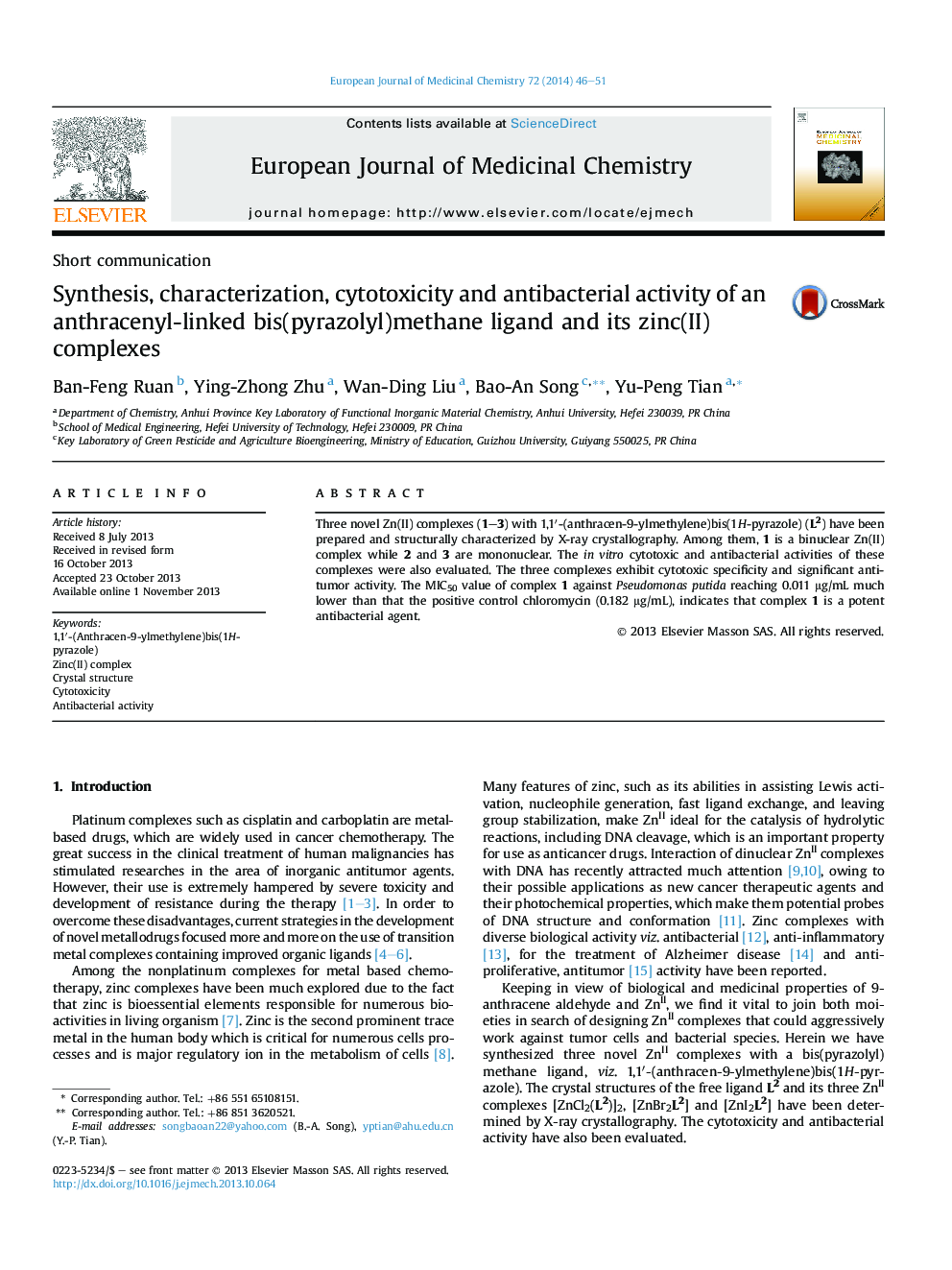 Synthesis, characterization, cytotoxicity and antibacterial activity of an anthracenyl-linked bis(pyrazolyl)methane ligand and its zinc(II) complexes