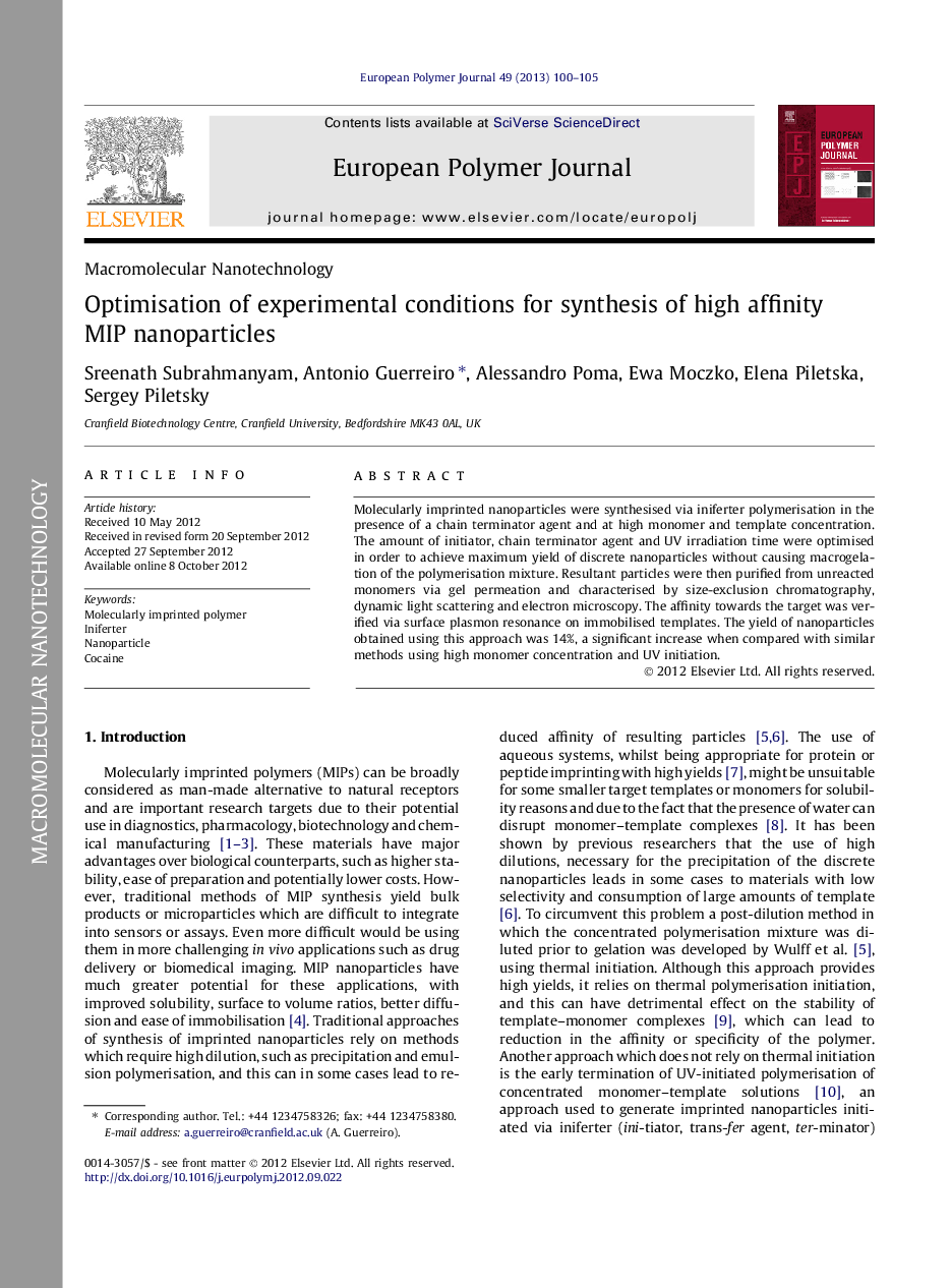 Optimisation of experimental conditions for synthesis of high affinity MIP nanoparticles