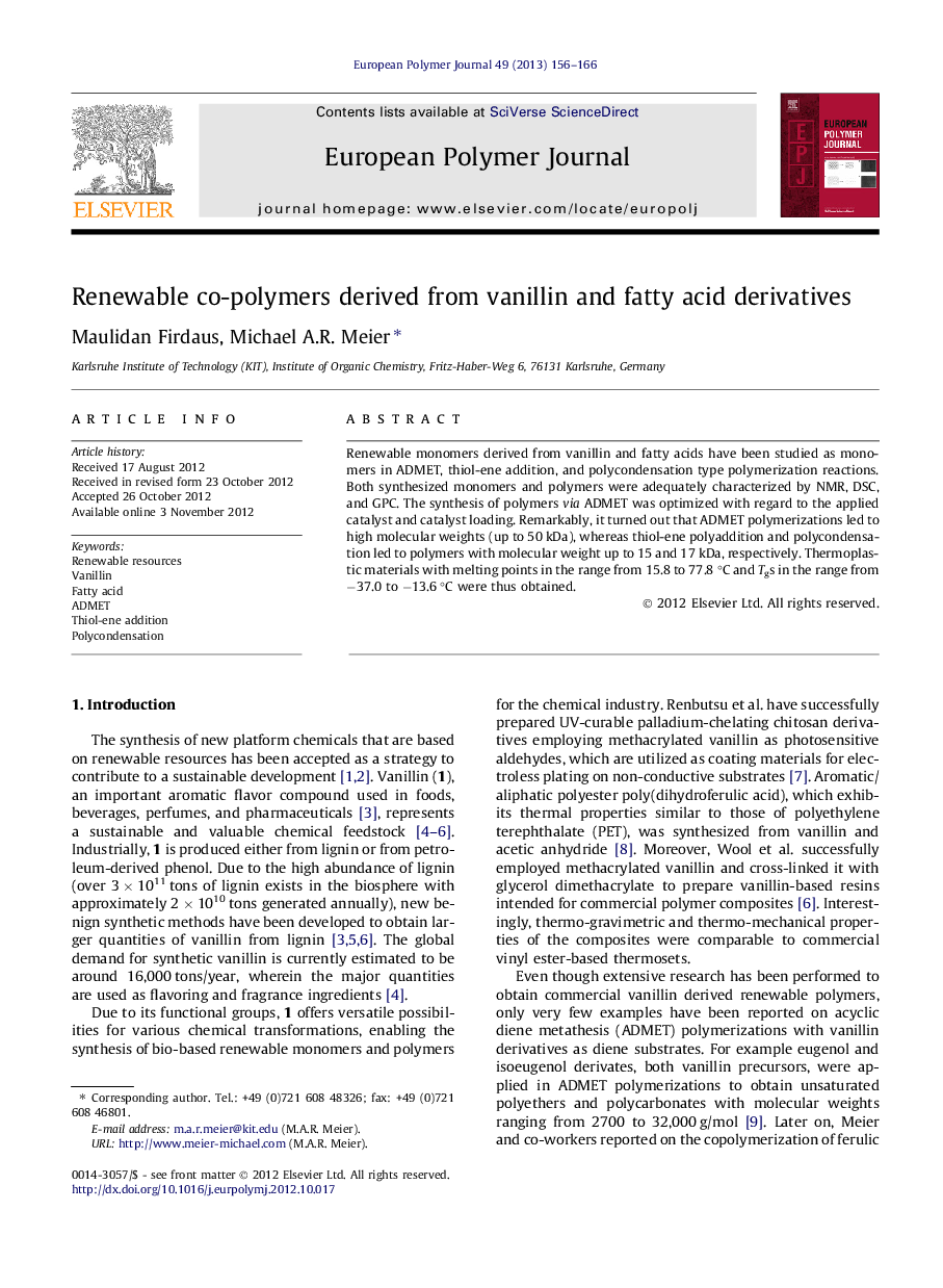 Renewable co-polymers derived from vanillin and fatty acid derivatives