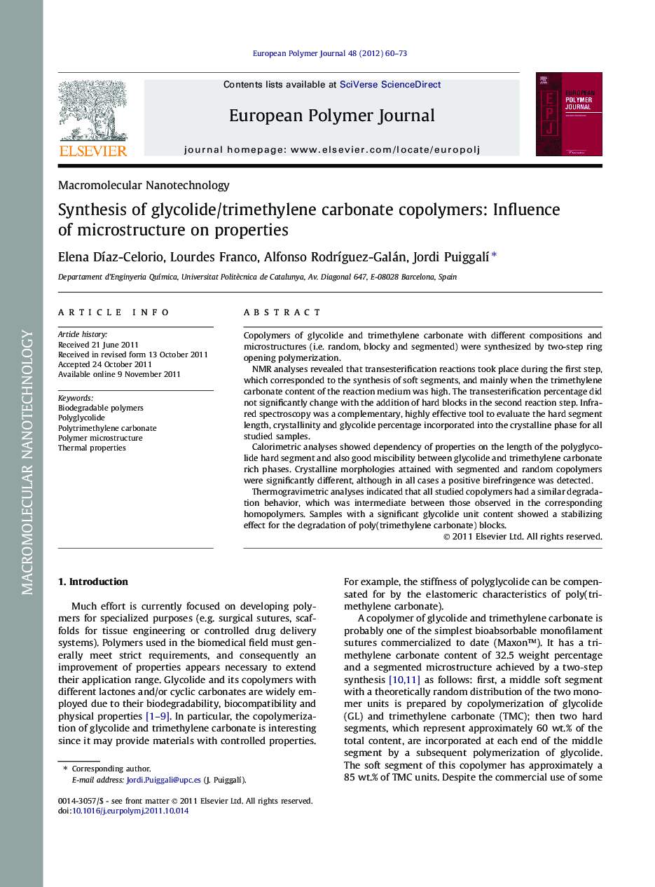 Synthesis of glycolide/trimethylene carbonate copolymers: Influence of microstructure on properties