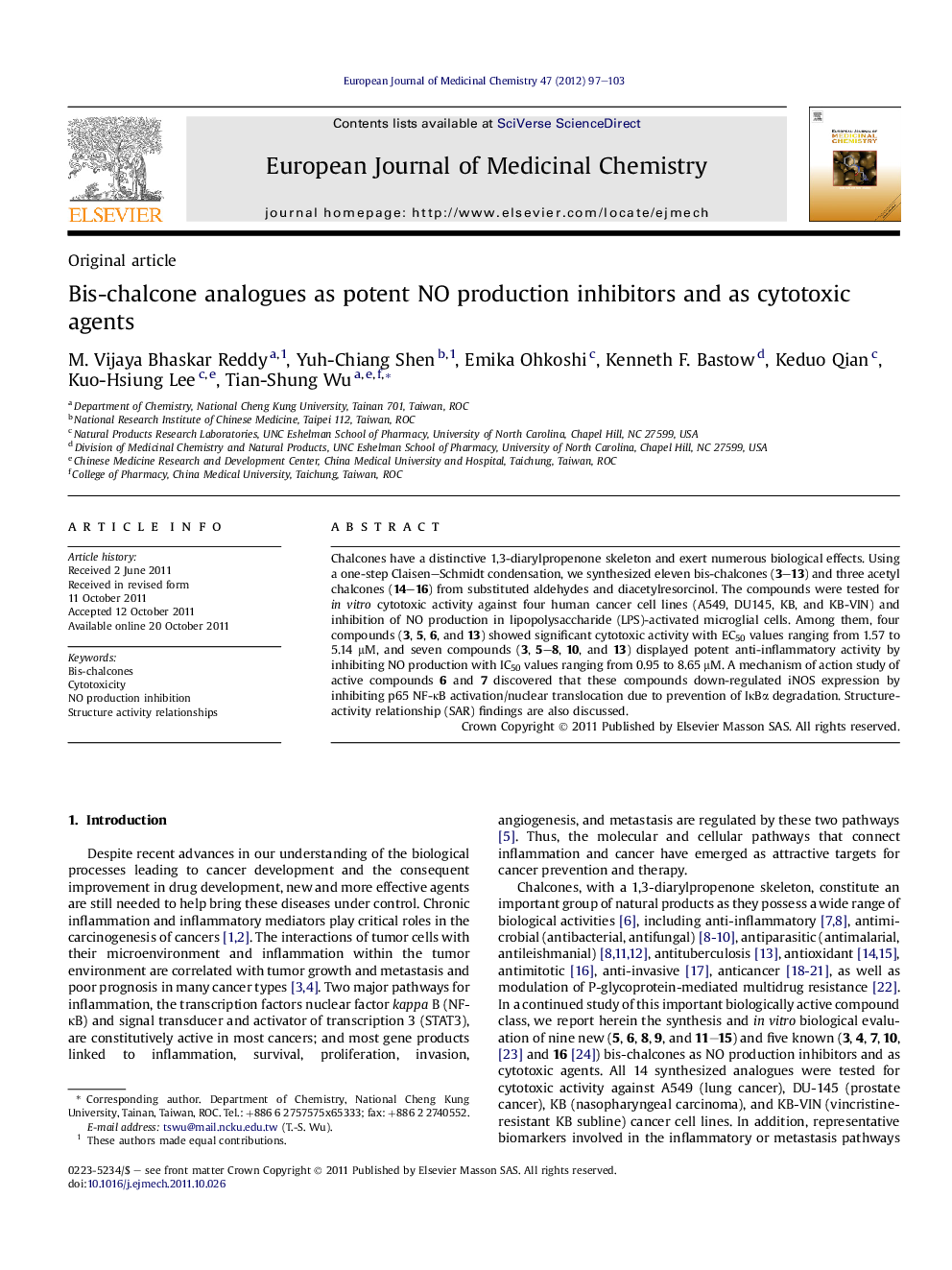 Bis-chalcone analogues as potent NO production inhibitors and as cytotoxic agents