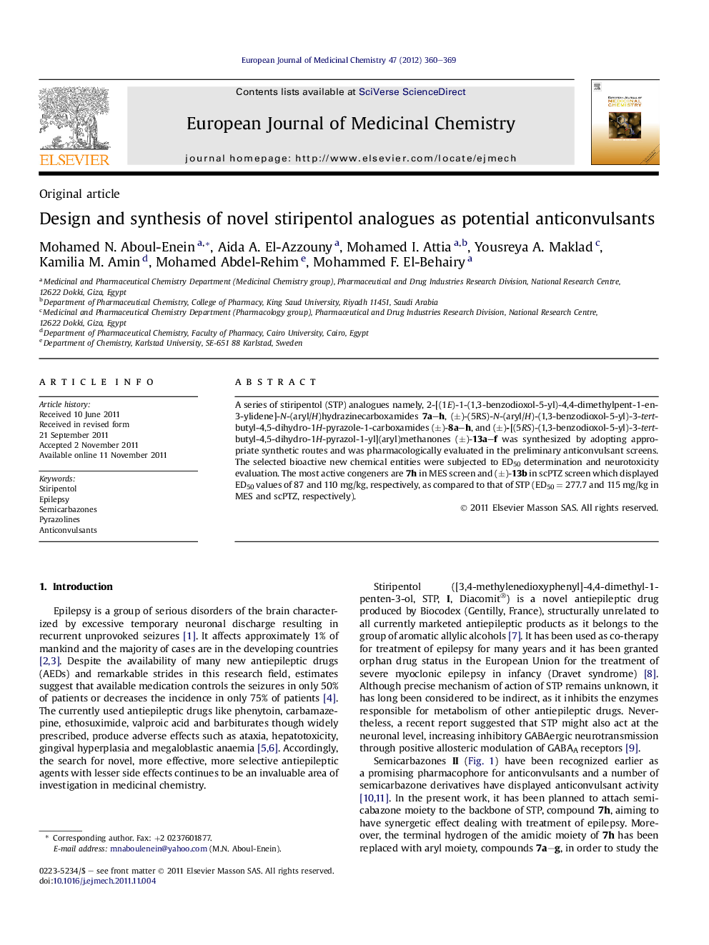 Design and synthesis of novel stiripentol analogues as potential anticonvulsants