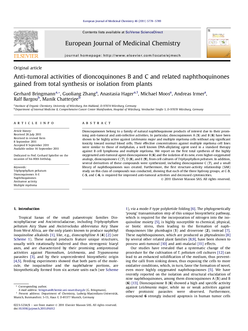 Anti-tumoral activities of dioncoquinones B and C and related naphthoquinones gained from total synthesis or isolation from plants