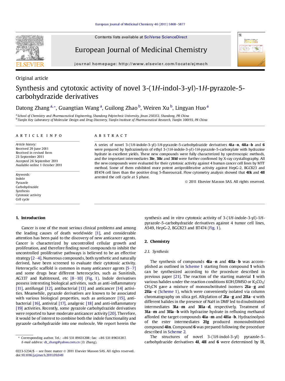 Synthesis and cytotoxic activity of novel 3-(1H-indol-3-yl)-1H-pyrazole-5-carbohydrazide derivatives