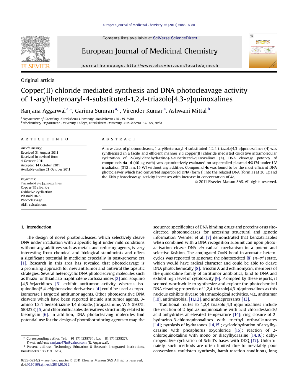 Copper(II) chloride mediated synthesis and DNA photocleavage activity of 1-aryl/heteroaryl-4-substituted-1,2,4-triazolo[4,3-a]quinoxalines