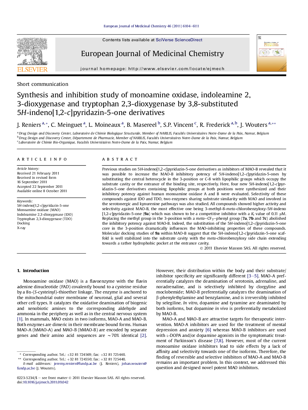 Synthesis and inhibition study of monoamine oxidase, indoleamine 2,3-dioxygenase and tryptophan 2,3-dioxygenase by 3,8-substituted 5H-indeno[1,2-c]pyridazin-5-one derivatives