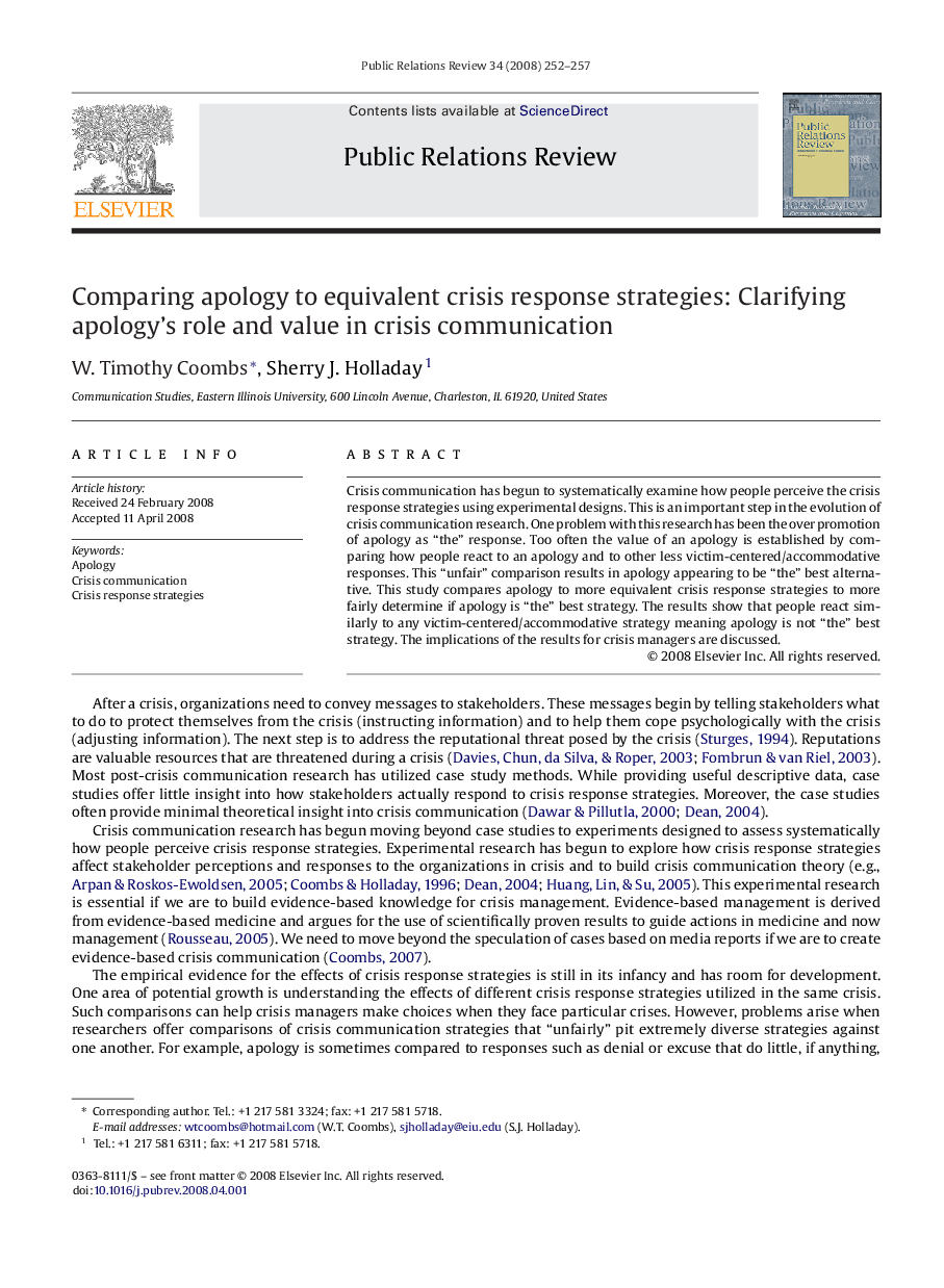 Comparing apology to equivalent crisis response strategies: Clarifying apology's role and value in crisis communication