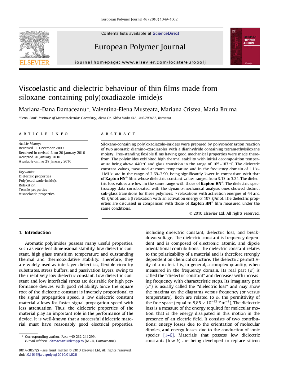 Viscoelastic and dielectric behaviour of thin films made from siloxane-containing poly(oxadiazole-imide)s