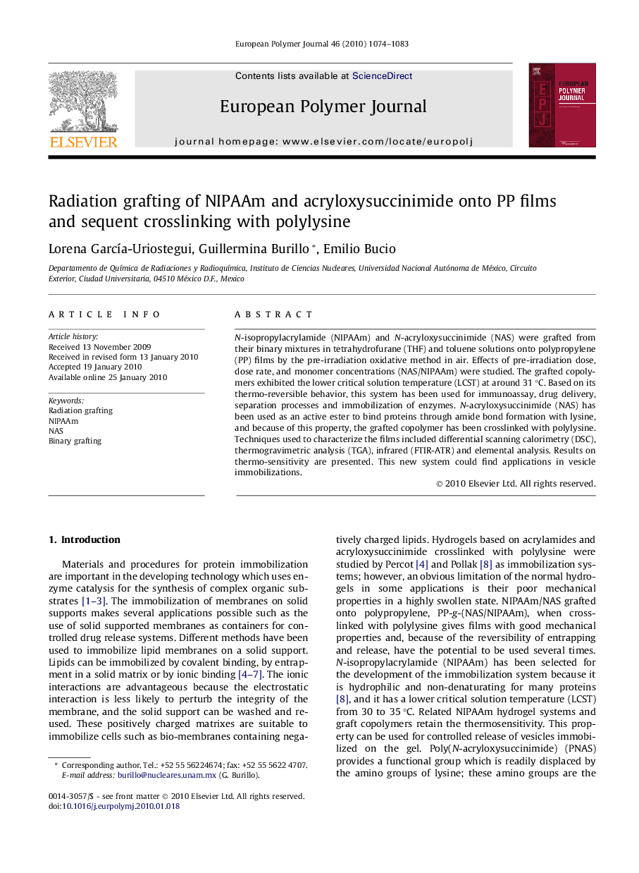 Radiation grafting of NIPAAm and acryloxysuccinimide onto PP films and sequent crosslinking with polylysine