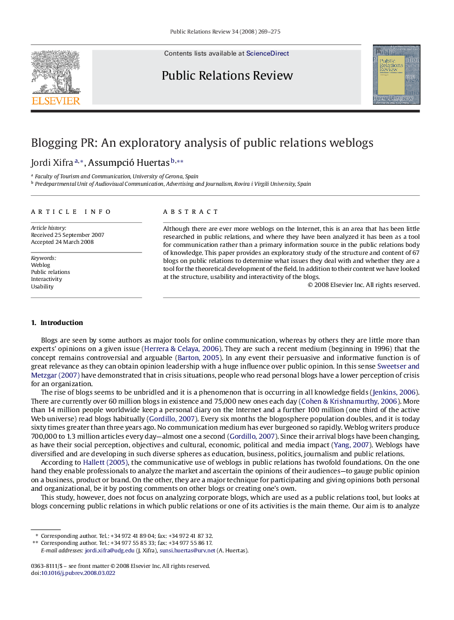 Blogging PR: An exploratory analysis of public relations weblogs