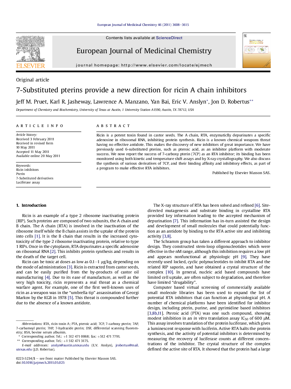 7-Substituted pterins provide a new direction for ricin A chain inhibitors