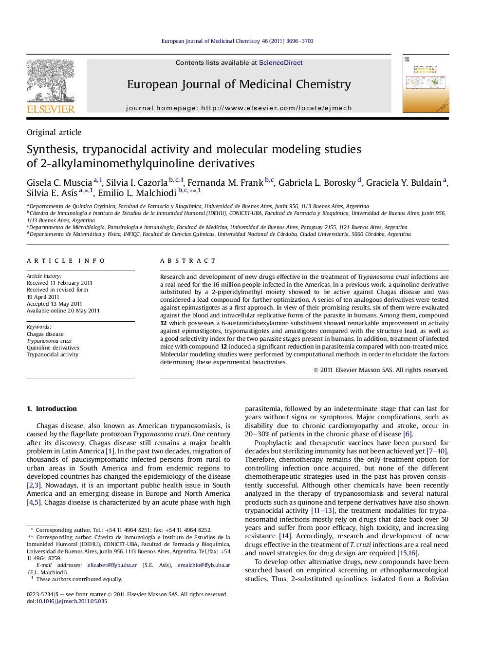 Synthesis, trypanocidal activity and molecular modeling studies of 2-alkylaminomethylquinoline derivatives