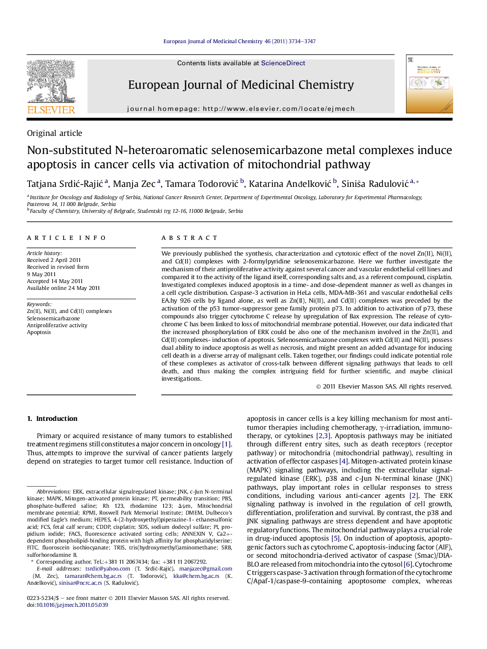 عکس صفحه اول مقاله: Non-substituted N-heteroaromatic selenosemicarbazone metal complexes induce apoptosis in cancer cells via activation of mitochondrial pathway Non-substituted N-heteroaromatic selenosemicarbazone metal complexes induce apoptosis in cancer cells via activation of mitochondrial pathway