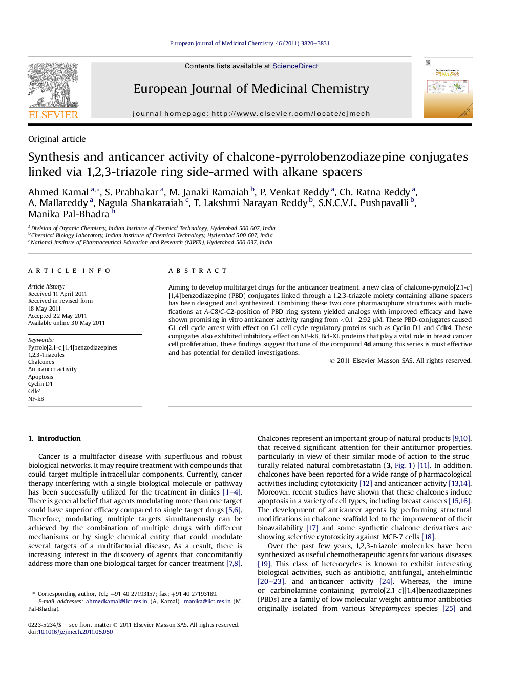 عکس صفحه اول مقاله: Synthesis and anticancer activity of chalcone-pyrrolobenzodiazepine conjugates linked via 1,2,3-triazole ring side-armed with alkane spacers Synthesis and anticancer activity of chalcone-pyrrolobenzodiazepine conjugates linked via 1,2,3-triazole ring side-armed with alkane spacers