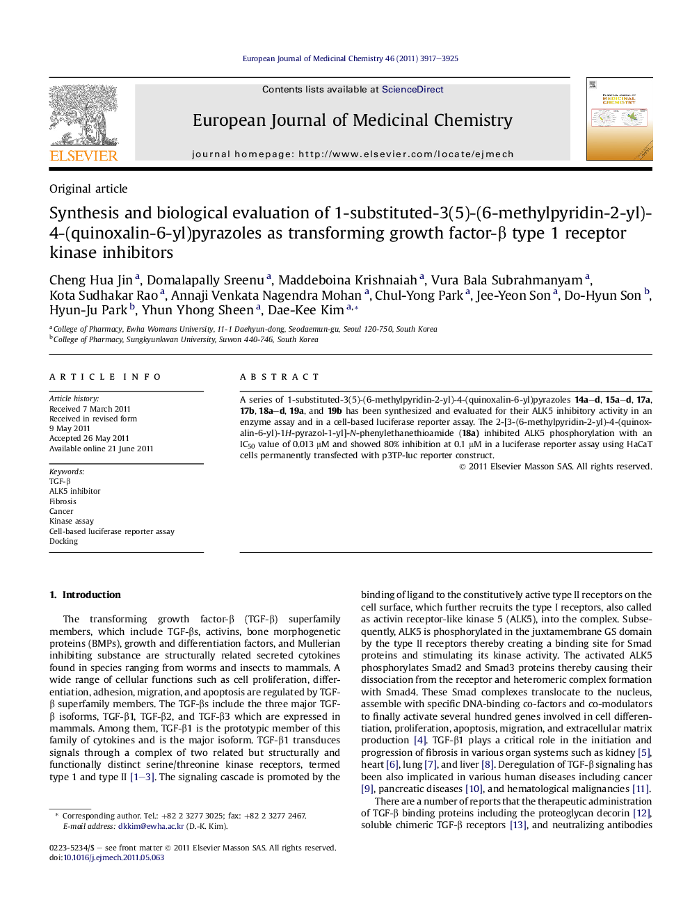 عکس صفحه اول مقاله: Synthesis and biological evaluation of 1-substituted-3(5)-(6-methylpyridin-2-yl)-4-(quinoxalin-6-yl)pyrazoles as transforming growth factor-β type 1 receptor kinase inhibitors Synthesis and biological evaluation of 1-substituted-3(5)-(6-methylpyridin-2-yl)-4-(quinoxalin-6-yl)pyrazoles as transforming growth factor-β type 1 receptor kinase inhibitors