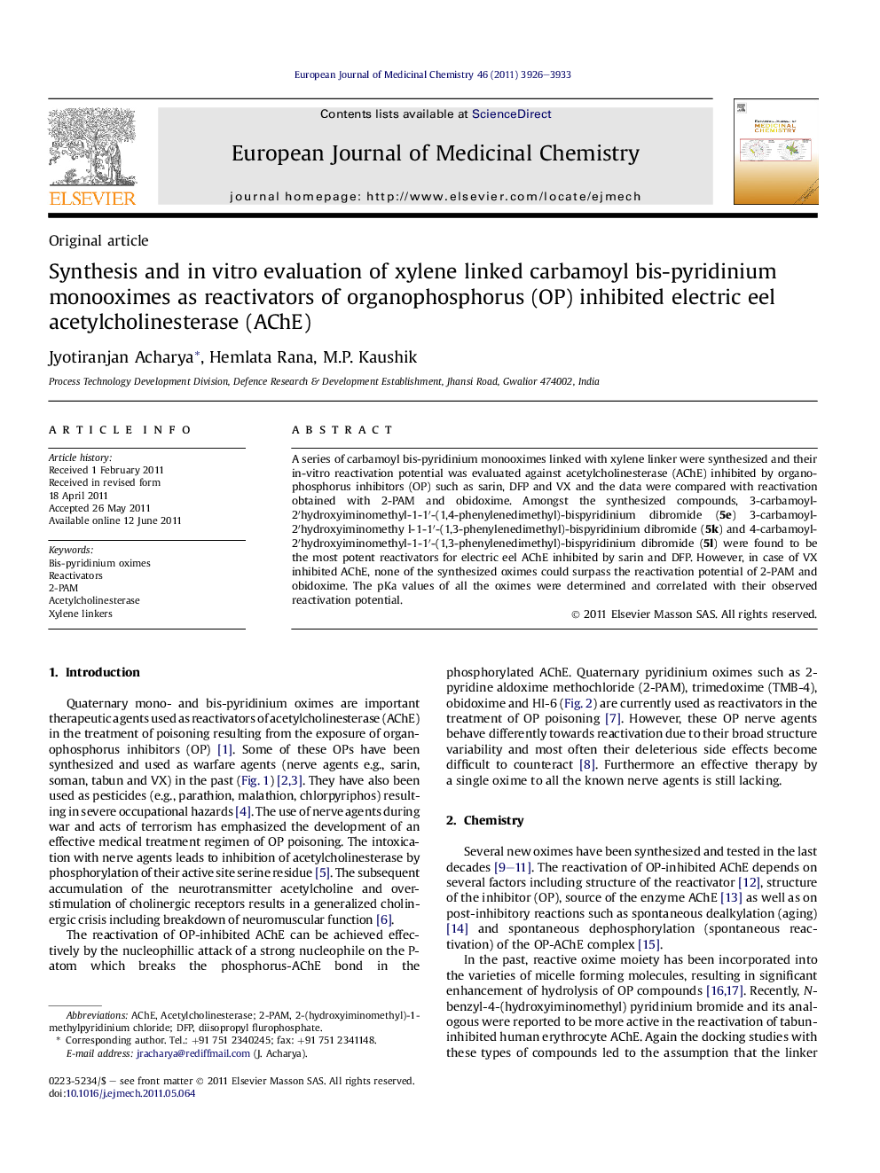 Synthesis and in vitro evaluation of xylene linked carbamoyl bis-pyridinium monooximes as reactivators of organophosphorus (OP) inhibited electric eel acetylcholinesterase (AChE)