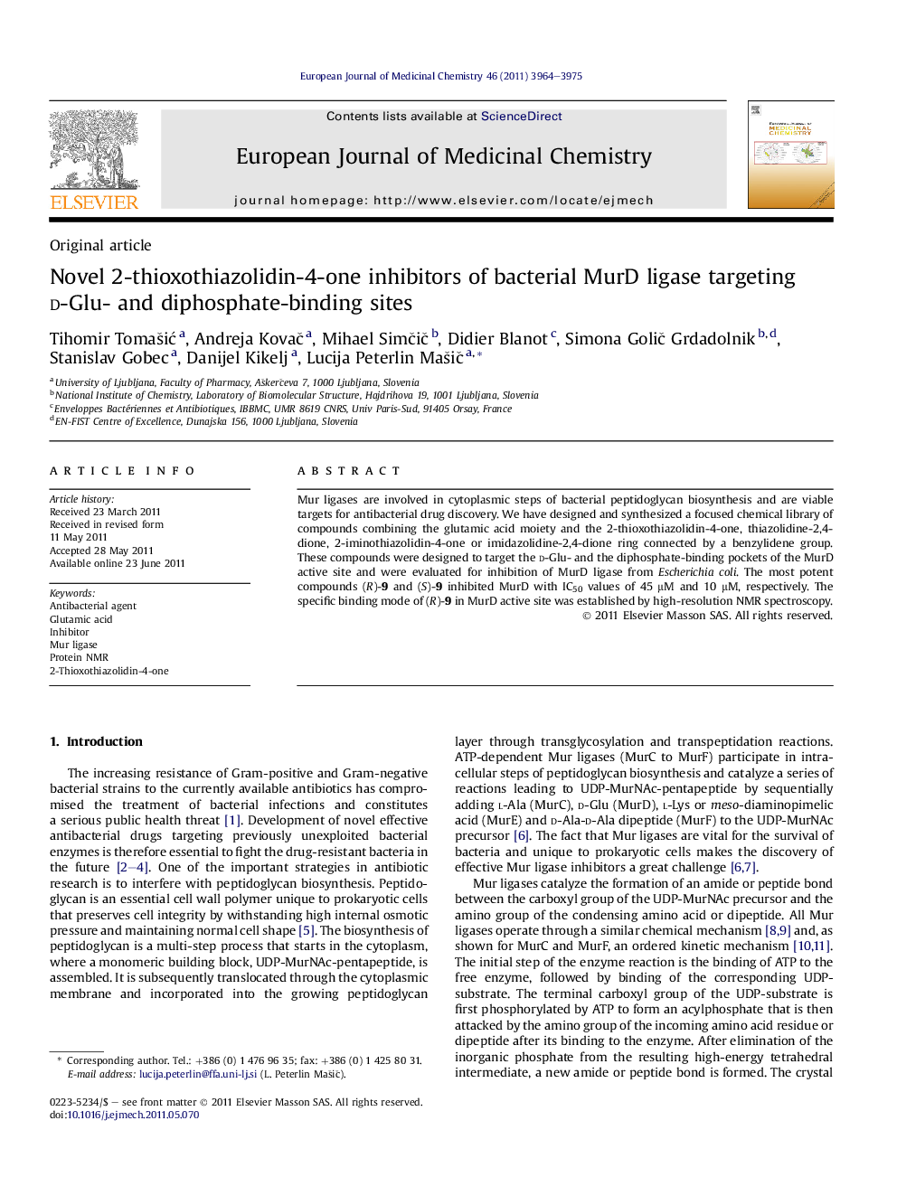 Novel 2-thioxothiazolidin-4-one inhibitors of bacterial MurD ligase targeting d-Glu- and diphosphate-binding sites