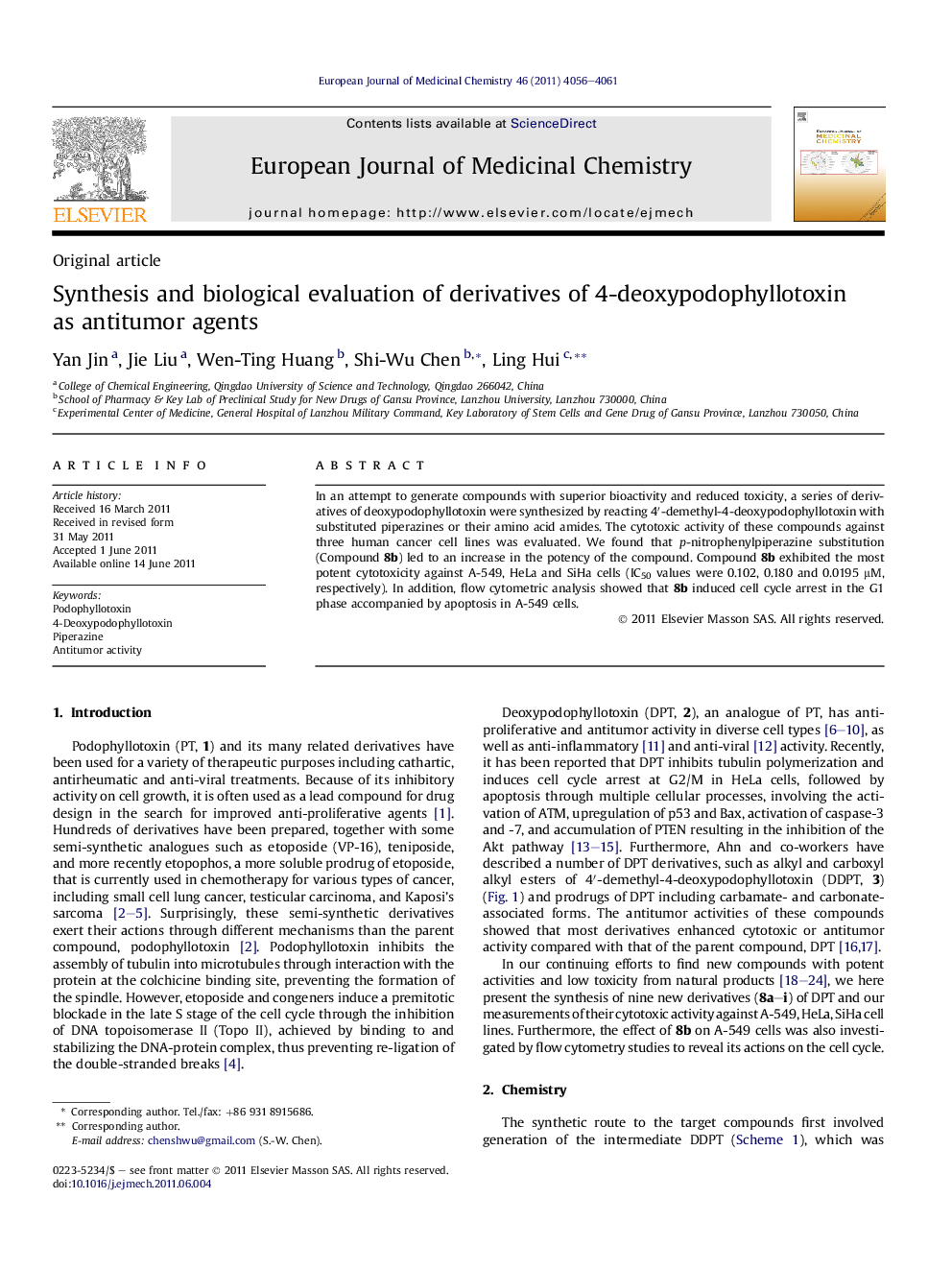 Synthesis and biological evaluation of derivatives of 4-deoxypodophyllotoxin as antitumor agents