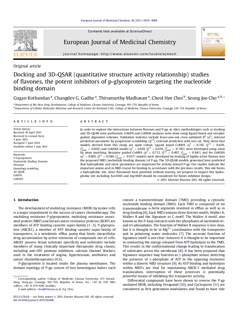 Docking and 3D-QSAR (quantitative structure activity relationship) studies of flavones, the potent inhibitors of p-glycoprotein targeting the nucleotide binding domain