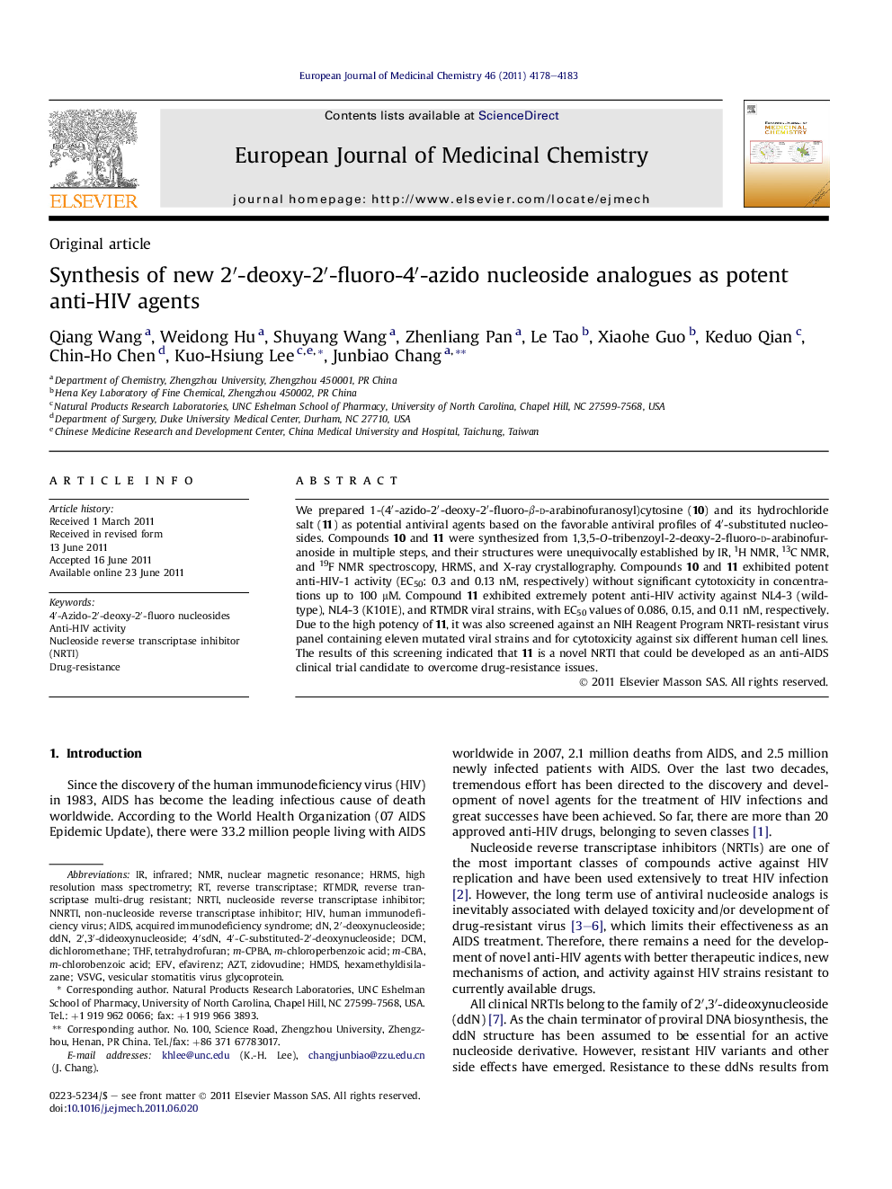 Synthesis of new 2′-deoxy-2′-fluoro-4′-azido nucleoside analogues as potent anti-HIV agents