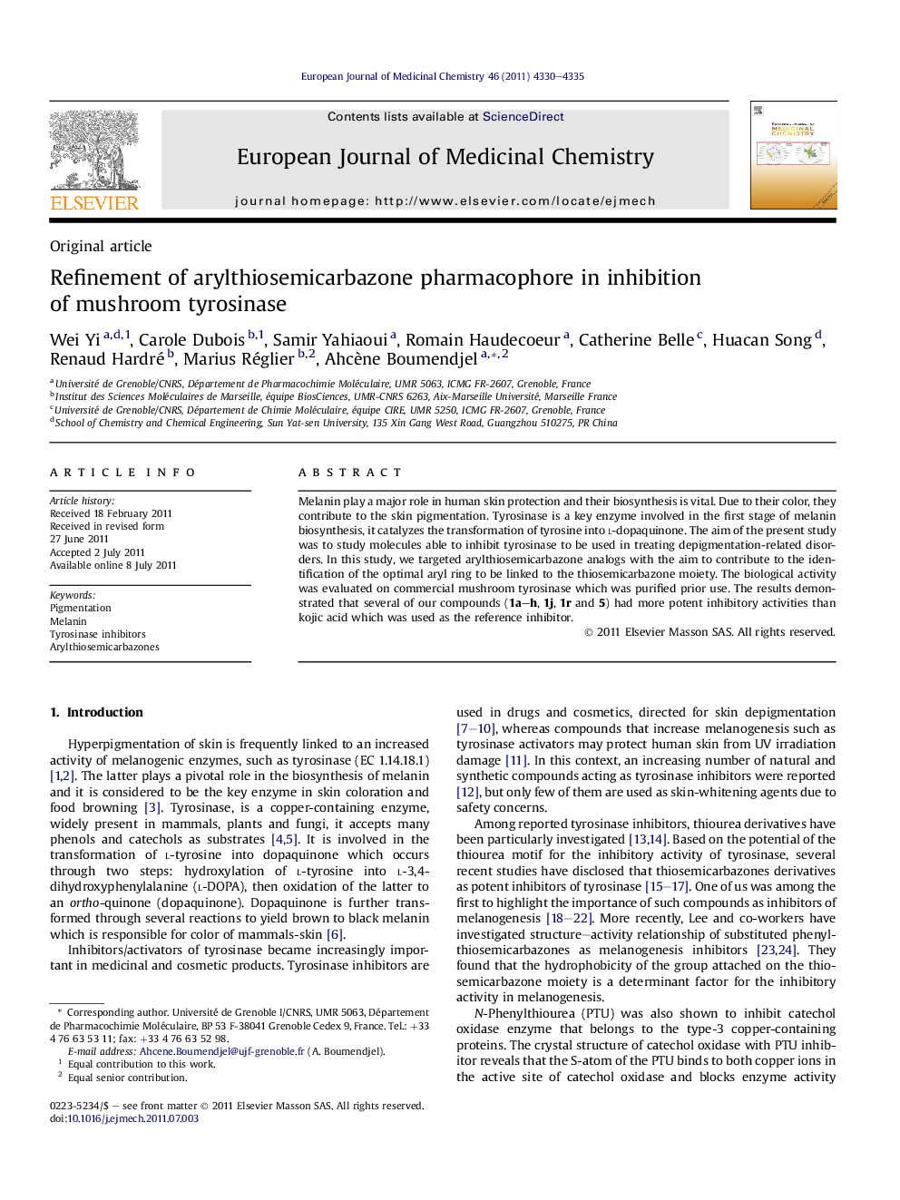 Refinement of arylthiosemicarbazone pharmacophore in inhibition of mushroom tyrosinase