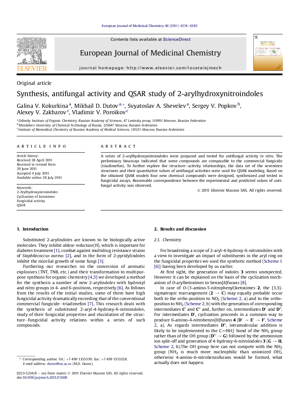 Synthesis, antifungal activity and QSAR study of 2-arylhydroxynitroindoles