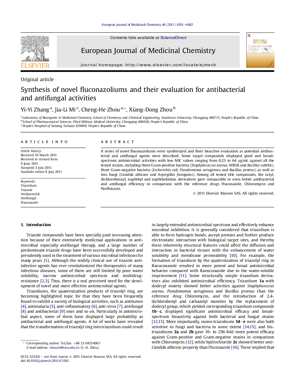 Synthesis of novel fluconazoliums and their evaluation for antibacterial and antifungal activities