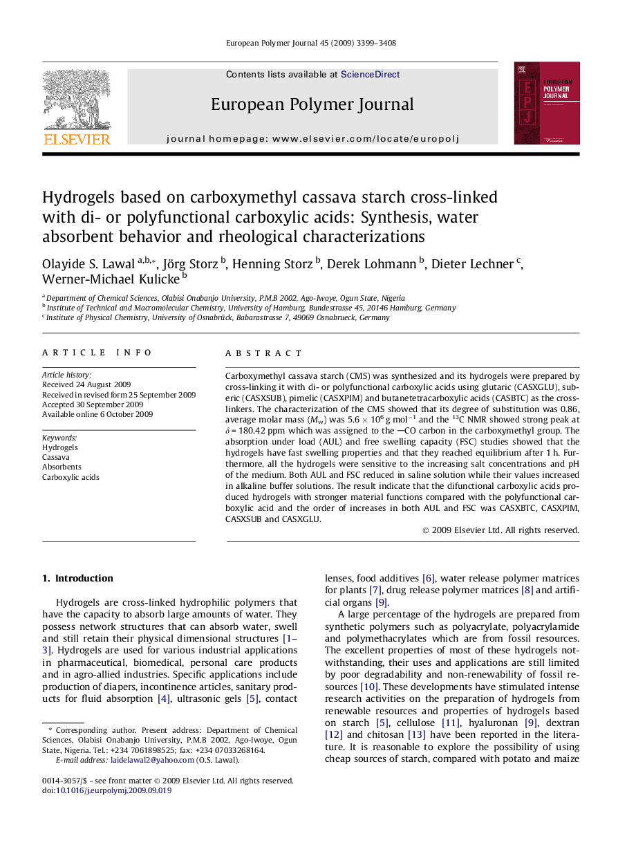 عکس صفحه اول مقاله: Hydrogels based on carboxymethyl cassava starch cross-linked with di- or polyfunctional carboxylic acids: Synthesis, water absorbent behavior and rheological characterizations Hydrogels based on carboxymethyl cassava starch cross-linked with di- or polyfunctional carboxylic acids: Synthesis, water absorbent behavior and rheological characterizations
